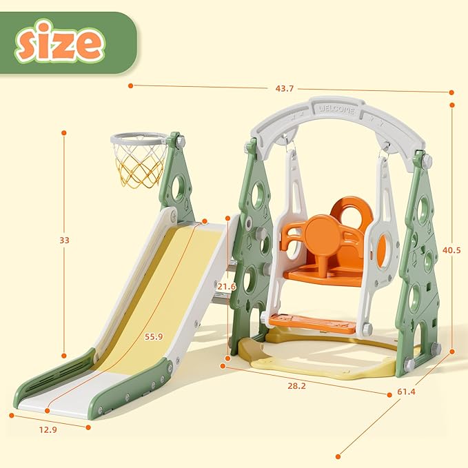 KORIMEFA 4-in-1 Kids Slide and Swing Set, Toddler Slide with Basketball Hoop, Swing, Outdoor Indoor Playground for Toddlers 1-3 Pine Shape Design(4 in 1-Green)
