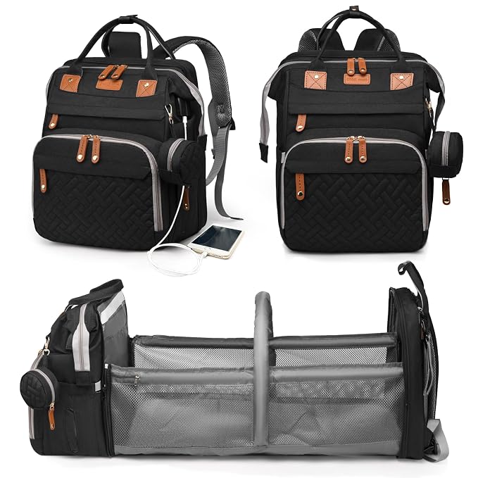 Astro alan Baby Diaper Bag with Changing Station, Waterproof Diaper Bag Backpack for Moms Dads with USB Charging Port, Baby Shower Gifts, Large Capacity diaper backpack, Black