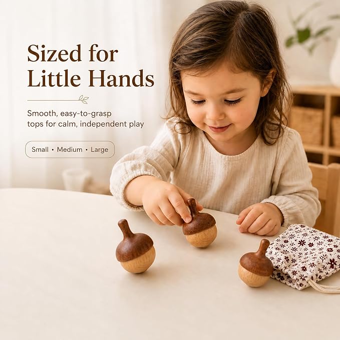 Wooden Spinning Tops Acorn Toy | 3 Pcs Wood Tops Made from Sapele and Beech Hardwood with Cotton Drawstring Storage Bag | Smooth & Safe for Toddlers Skill Play and Travel, Gift-Ready