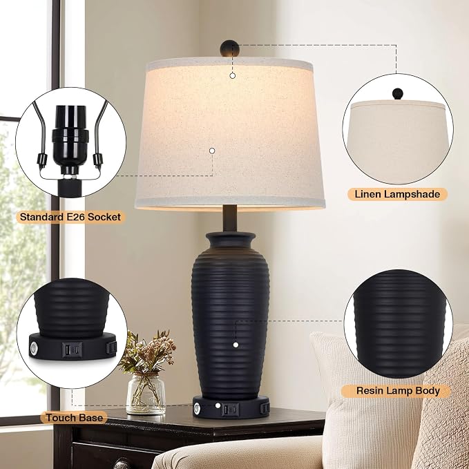 CINSARY 25" Retro Black Farmhouse Jar Table Lamps Set of 2, 3 Way Touch Control Rustic Bedside Lamps with USB A+C Ports & AC Outlet, Pot Nightstand Lamps for Bedroom Living Room (LED Bulbs Included)