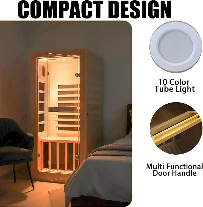 Sauna, Infrared Saunas for Home, Low EMF Indoor Sauna Room Dry Sauna Wood Build Hemlock 1 Person Sauna with Tempered Glass Door/Speakers/Air Hole -Single Person Sauna 32.3 * 28.4 * 61.4"
