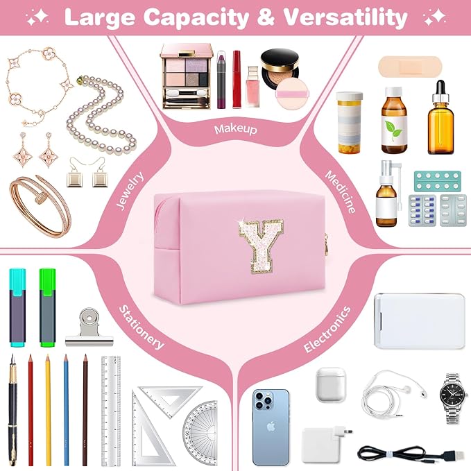 Small Personalized Initial A-Z Patch Makeup Bag,Pink Cute PU Leather Glitter Letter Cosmetic Bag for Teen Girls,Travel Toiletry Bag with Zipper,Preppy Monogrammed Birthday Gift for Daughter Niece Y