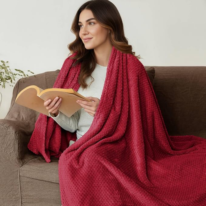 Exclusivo Mezcla Large Waffle Fleece Throw Blanket for Couch, Deep Red | Lightweight Soft Blanket for Sofa, Bed, Living Room, Plush Fluffy Throw for Home Decor, Travel, All Season, 50x70 Inches