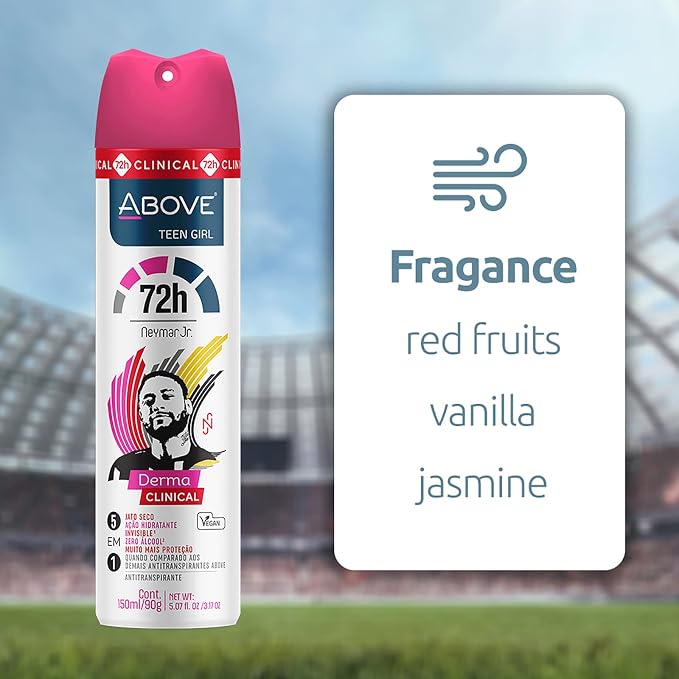 ABOVE Neymar Jr Teen Girl - 72 Hours Derma Clinical Antiperspirant Deodorant Spray - Notes of Red Fruits, Vanilla, and Fig Leaves - Moisturizing Action - Protects Underarms - 3.17 oz (Pack of 2)