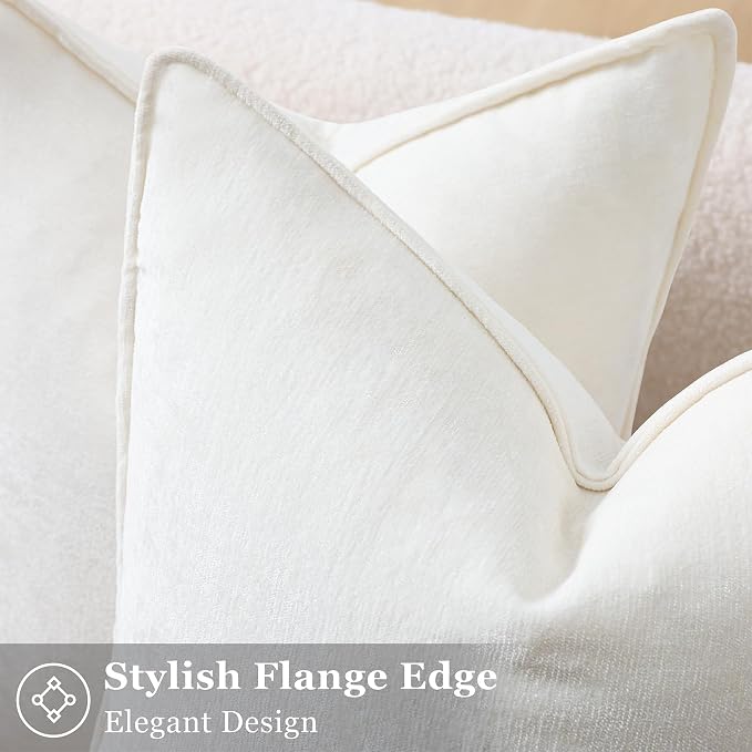 decorUhome Chenille Cream White Velvet Throw Pillow Covers 16x16 Set of 2 | Fall Soft Couch Decorative Modern Farmhouse Pillow Cases with Elegant Design for Sofa Bed Living Room Home Decor