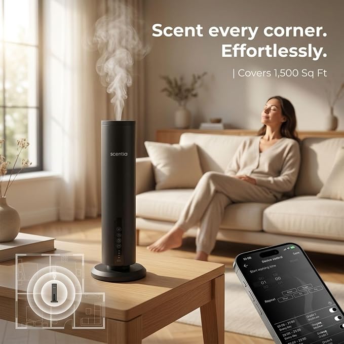 Scentia Wireless Waterless Hotel Scent Diffuser | Includes Premium USA-Made Oil Blend | App Controlled, Cordless | Home, Office, Spa, Aromatherapy | Covers 1500 Sq Ft | 72 Hrs in 1 Charging | Black