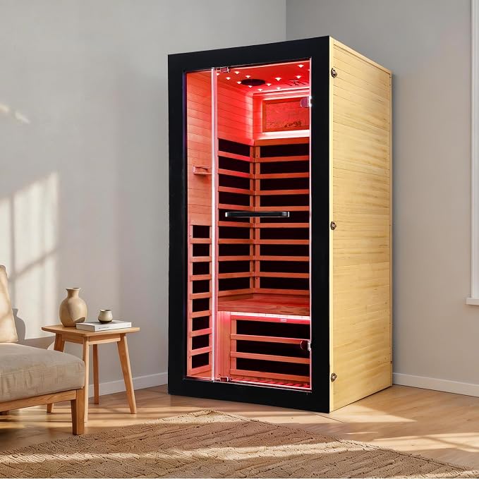 OUTEXER One Person Sauna Far Infrared Saunas Room Obeche Wood 1350W Dry Saunas Spa with 7 Starry Sky Light 35.4 * 35.4 * 70.8inch