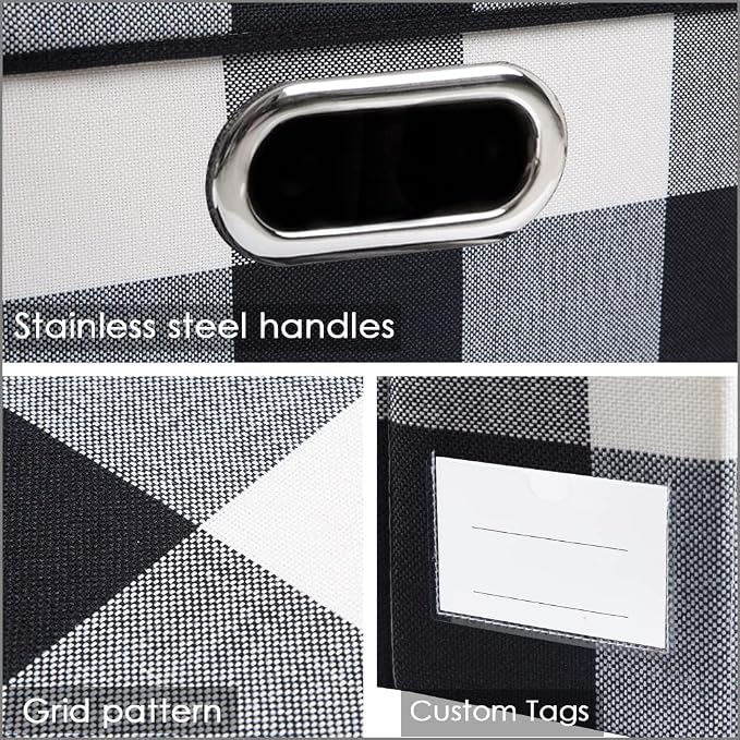 Collapsible Storage Bin with Lid [3-Pack] Fabric Foldable Storage Box Organizer Container Basket Cube with Cover for Home Bedroom Closet Office Nursery Black and White Grid(14.9x9.8x9.8)