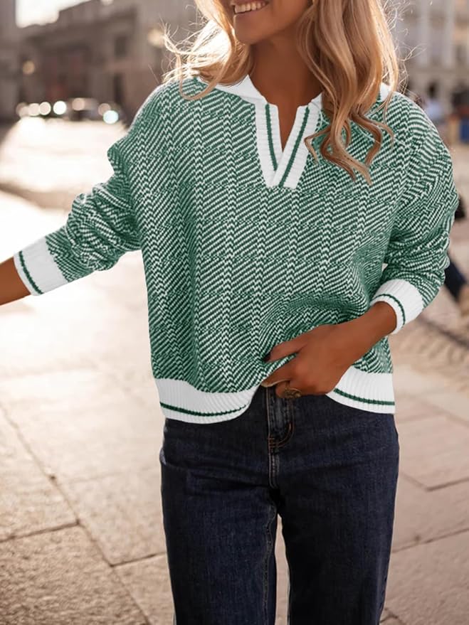 Saodimallsu Womens Fall Sweaters Tops Lapel V Neck Knit Color Block Shirt | Winter,Long Sleeve,Casual,Soft,Pullover,Cozy,Ribbed,Ladies,Chunky,Warm Sweaters,Checkered,Tunic,Work