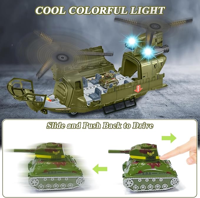 Military Helicopter Toys Set with Light - Friction Powered Transport Helicopter Toy with Army Tanks, Airplanes, Mini Cars - Army Toys Military Playset Christmas Birthday Party Gifts for Kids