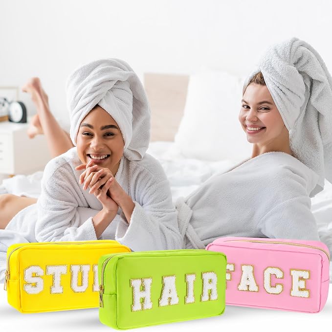 Preppy Makeup Bags Chenille Letter Stuff Bag Nylon Cosmetic Pouch Cases with Zipper for Women Travel Toiletry(Vibrant Color,Classic,4 Pcs)
