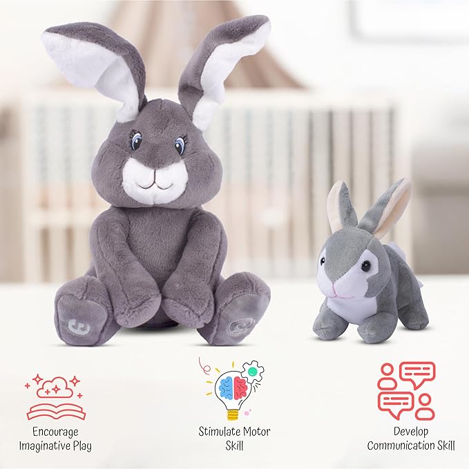 Dimple Bunny Set - Milo Stuffed Bunny Toy, Animated Interactive Rabbit with Peek-a-Boo Feature with Singing Songs and Grey Plush Baby Rabbit, Perfect Baby Plush Toy Gift for Ages 0 an Up
