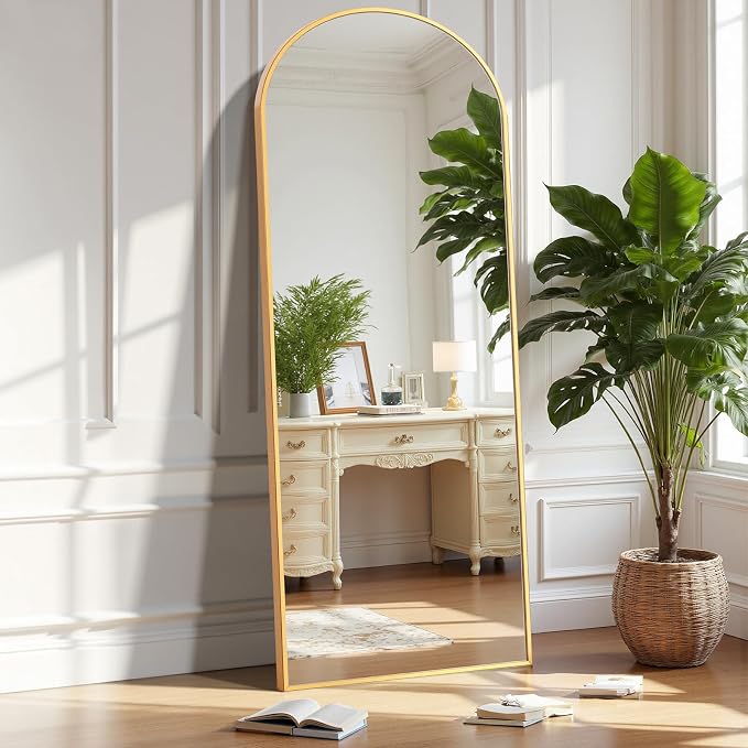 OLIXIS 59"x16.6" Arched Full Length Mirror, Full Body Mirror with Stand | Aluminum Alloy Thin Frame, Free Standing Mirrors for Bedroom, Hanging or Leaning Floor, Living Room Bedroom, Gold