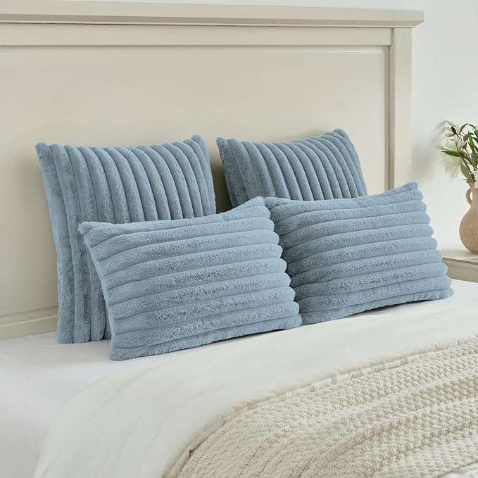 FUTEI Pack of 2 Faux Fur Throw Pillow Covers 28x28 Inch, Dusty Blue | Fluffy Faux Rabbit Fur Front/Premium Velvet Back,Hidden Zipper,Machine Washable,Non-Shedding,Colorfast,Insert Not Included.