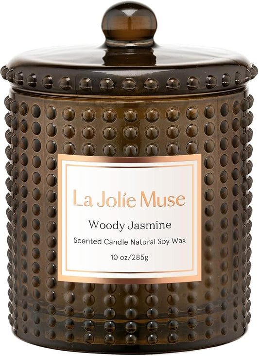 LA JOLIE MUSE Woody Jasmine Candles for Home Scented, Non Toxic Natural Soy, Luxury Candles Gifts for Women, Natural Soy Wax, 75 Hours, 10 OZ