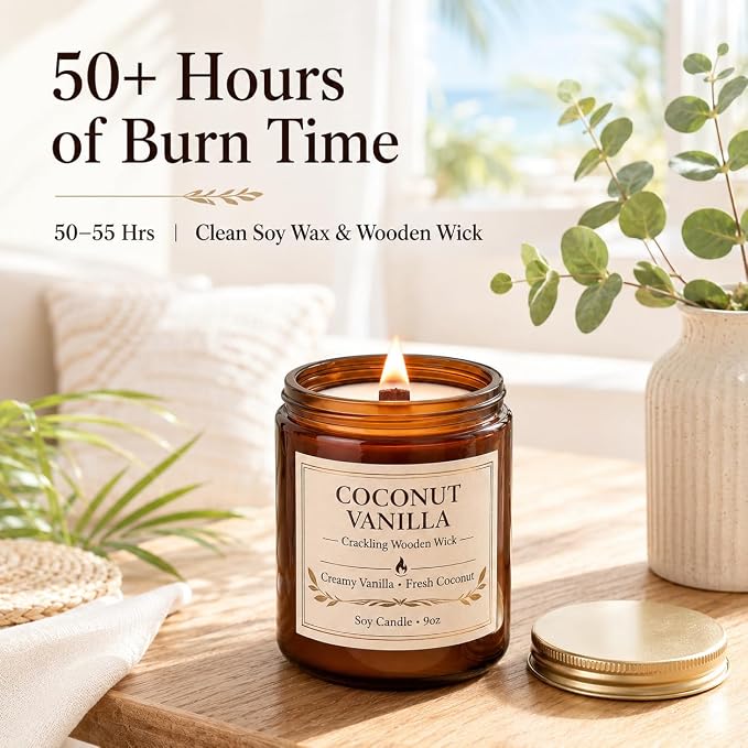 Coconut Vanilla Scented Candles for Home, 9oz Long Burning Soy Candles for Women, Wood Wick Natural Non Toxic Candle Jar, Aromatherapy Candle Gift for Home Bedroom Bathroom Office