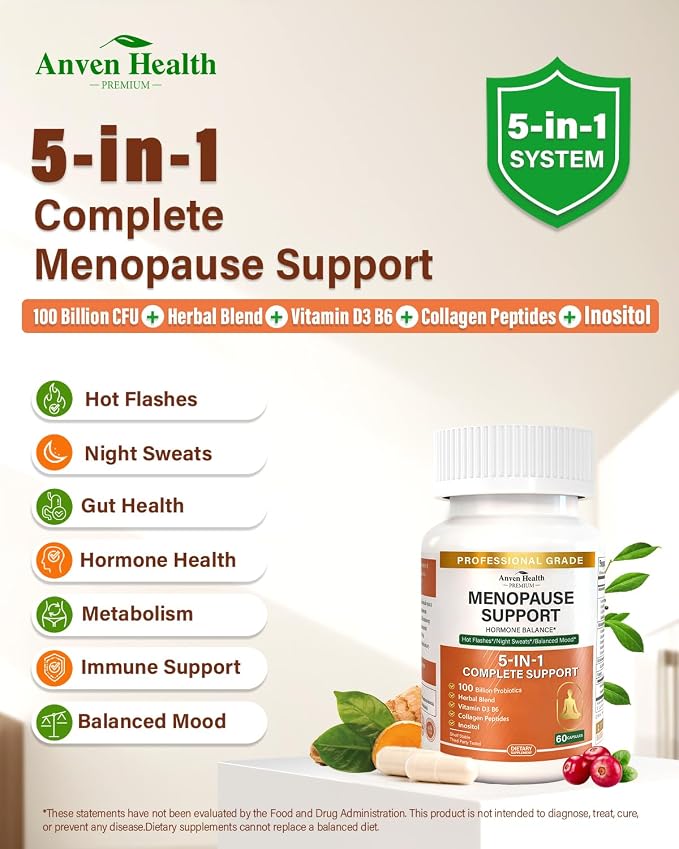 Menopause Relief Supplements for Women 100 Billion CFU, 120 | Vitamin D3 & B6, 100B Probiotics, Hot Flashes, pH Blance & Night Sweats Relief, Black Cohosh, Herbs, Collagen