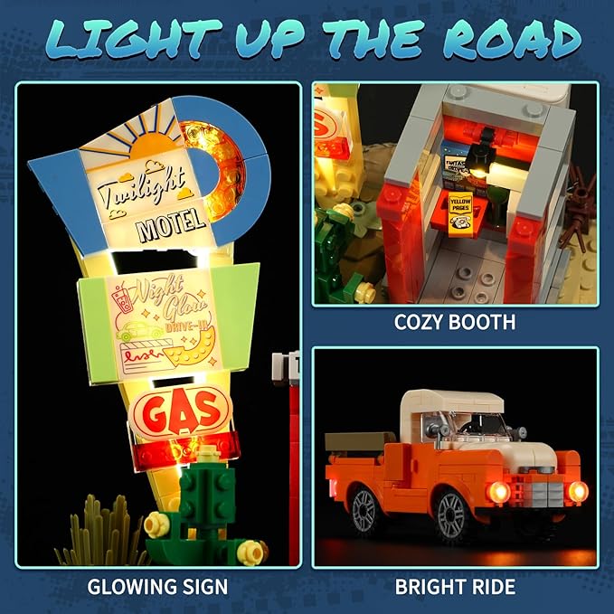 City Sunset-Stopover Lighting-Building-Bricks Set - Road Trip Car Station Modular Collection LED Light Building Set 455 Pcs for Adults, Teen and Travelling Enthusiasts