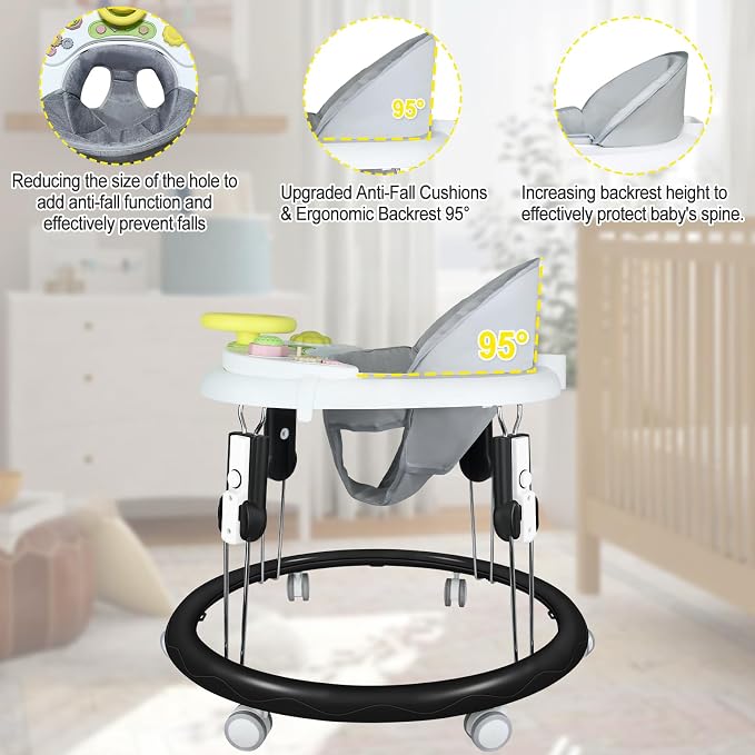 Foldable Baby Walker for Boys Girls, 5-in-1 Toddler Activity Walkers | Adjustable Height, Music Tray, Detachable Seat, Mute Wheels, Anti-Rollover, Knee Pads Socks Foot Pad, Portable, 8-24 Months