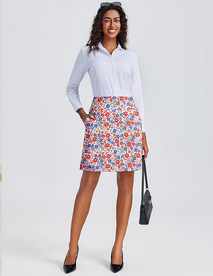 PINSPARK 20" Skorts for Woman Knee Length UPF 50+ Golf Skirts | 4 Pockets, Built-in Shorts, High Waisted, Split Hem, Silky-smooth, Moisture-wicking, for Golf Athletic Tennis Workout Casual