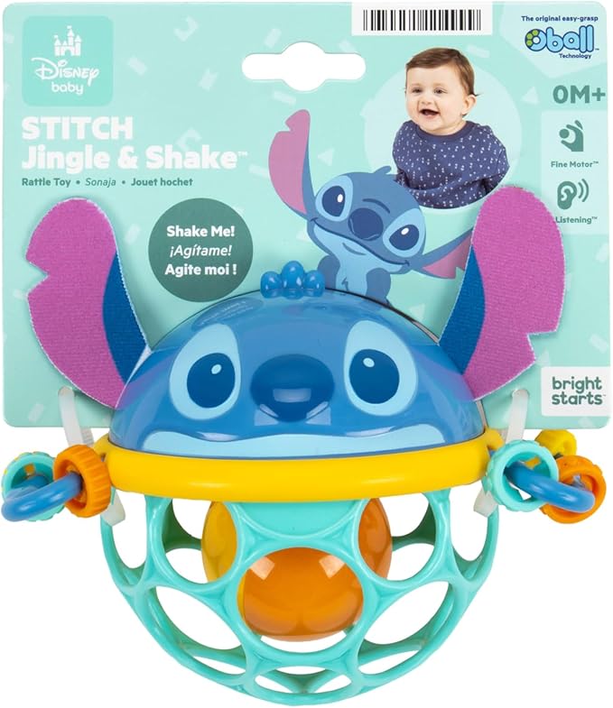 Disney Baby Stitch Oball Rattle by Bright Starts, Easy Grasp Baby Toy with Jingle Ball, Sensory Rattle for Newborn Infant 0-6 Months, Baby Toys 3-6 Months