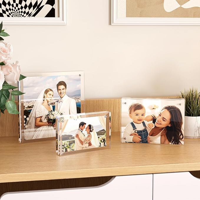 Egofine 5x7 Acrylic Frames 5 Pack, 20mm Thicker Frameless Clear Picture Frames, Double Sided Magnetic Picture Frames, Free Standing Desktop Display