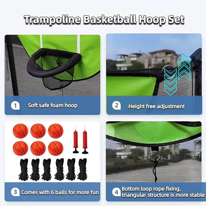 2PCS Trampoline Basketball Hoop Attachments, with 6 Mini Basketball and Pump, Easy to Assemble Soft Lightweight- Universal Outdoor Trampoline Game Attachments