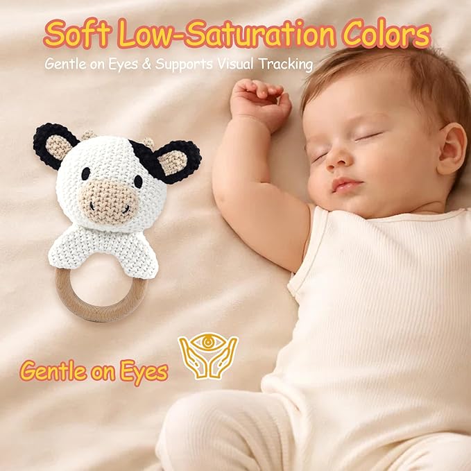 Cow Baby Rattle Sensory Toy Knitted Plush Stuffed Animal Teether Wood Ring Visual Tracking Auditory Development Shaker for Infants 3-9 Months Baby Birthday Shower Gift Infant Toys Gift