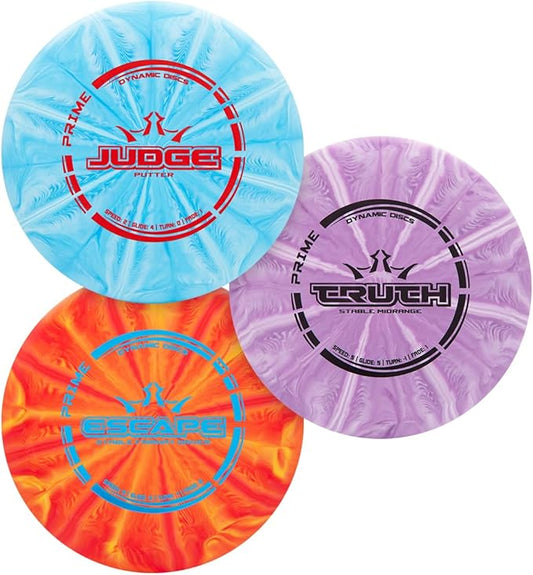 Dynamic Discs Prime Burst Disc Golf Starter Set (3 Pack) | Beginner Disc Golf Set for Men & Women | Judge, Emac Truth, Escape | Grippy Base Plastic (Colors May Vary)
