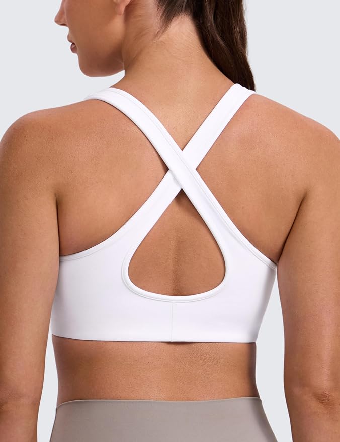 CRZ YOGA Butterlift Deep V Neck Sports Bras for Women - Padded Gym Wide Straps Cut-Out Cross Back Crop Pilates Workout Top