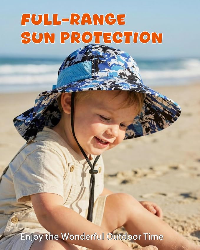Toddler Baby Sun Hat Kids Summer Beach Essentials Adjustable Beach Hats with Bucket Wide Brim for Boys Girls Age 0-14 Years
