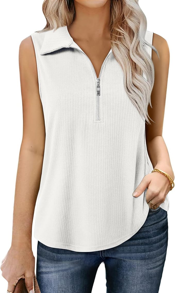 Vivilli Womens Ribbed Tank Top Zipper V Neck Dressy Casual Blouses Sleeveless Camisole Tops Work Tank Polo Shirts