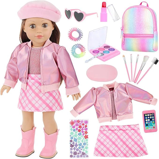 Ecore Fun 17 Pcs American 18 Inch Doll Accessories Cosmetic Set with Backpack & Outfits | Pretend Play Makeup Kit for 18" Dolls | Includes Lipstick, Eyeshadow, Brushes, Accessories & Stylish Clothes