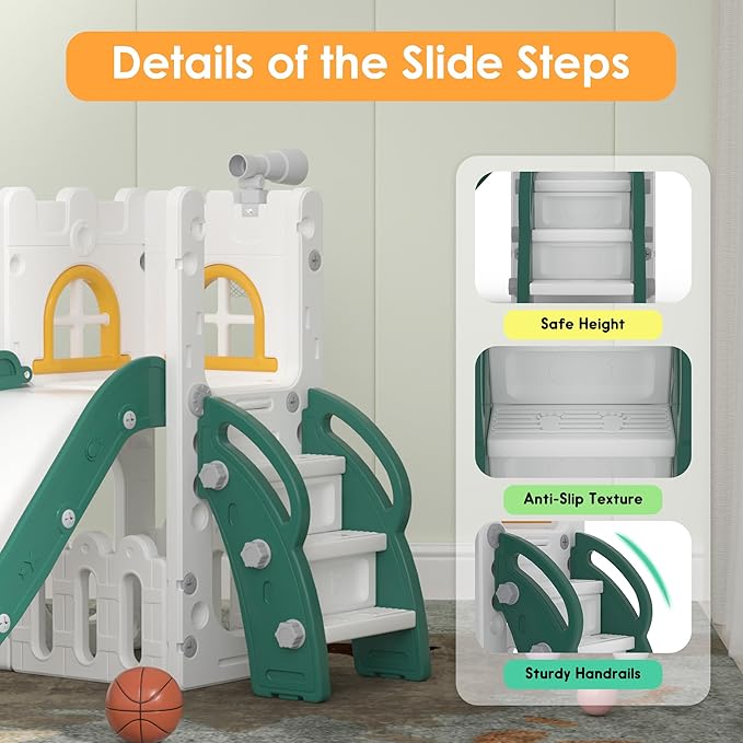 6 in 1 Toddler Slide Playset, Kids Indoor Outdoor Playground with Basketball Hoop,Storage and Telescope,Toddler Climber Slide Activity Center