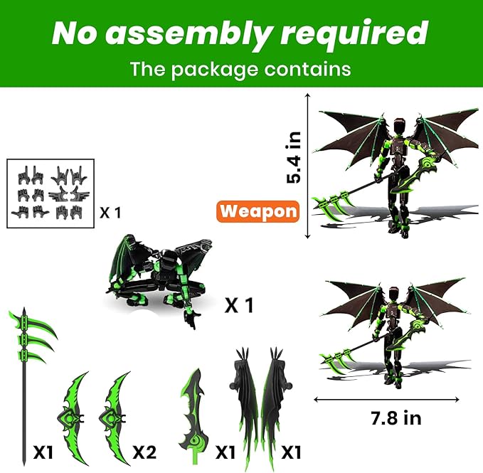 (Assembly Completed) T13 Action Figure Set,Dummy 13,Articulated Robot with Demon Wings, Titan 13 Robot,Mision 13,t13 Action Figure Accessories(Green Black)