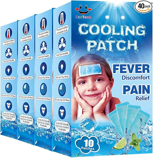 40 Sheets EasYeah Cooling Patches for Fever Discomfort & Pain Relief, Cooling Relief Fever Reducer, Soothe Headache Pain, 10 Count Per Box (4 Boxes)