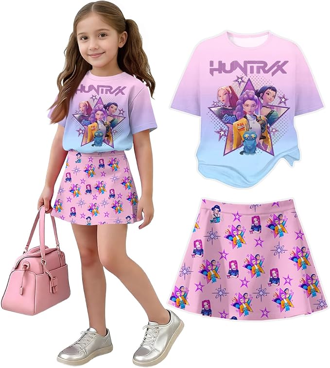 HTHLVMD K Pop Short Sleeve T-Shirt and Skirts Outfits Set for Girls Hunters Rumi Mira Zoey Graphic Tees De-Mon Costume