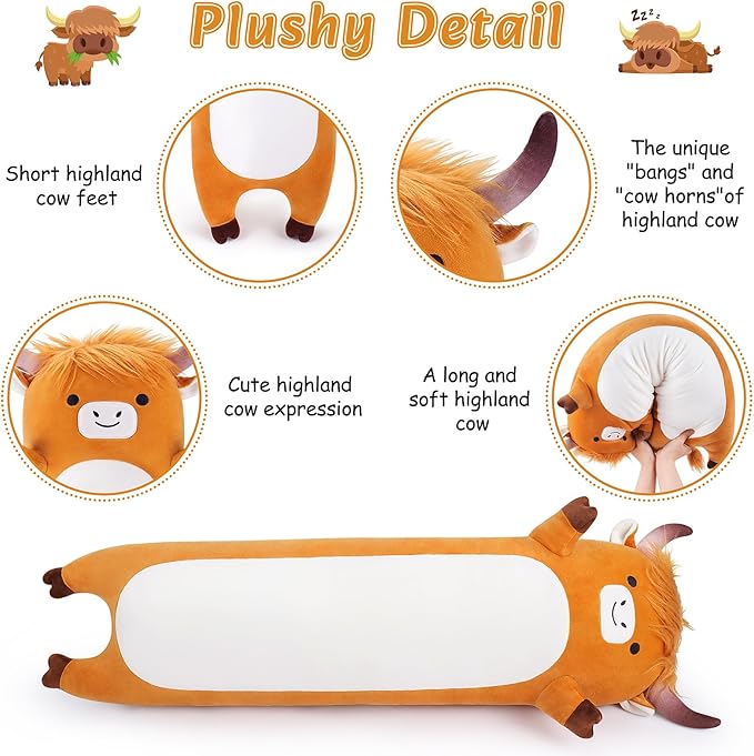 Large Highland Cow Stuffed Animal,33.5” Long Highland Cow Plush,Cute Plushies Animal Body Pillow,Kawaii Plush Toys Animals Gifts,Sleeping Hugging Pillow Cushion for Kids Adults