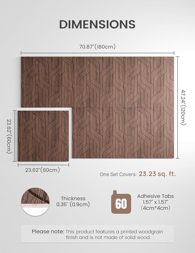 Fluxynara 6-Pack Large Felt Bulletin Board, Walnut Artistic | 70.87" x 47.24" Cork Board Alternative, Acoustic Wall Panels with 60 Adhesive Tabs for Recording Studios and Home Offices