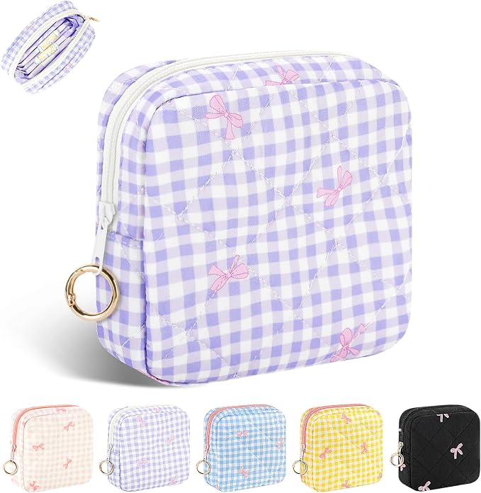 Period Bag for Teen Girls, Quilted Sanitary Napkin Storage Bag, Cute Bow Tie Menstrual Pad Pouch Tampon Holder (Plaid-Purple)