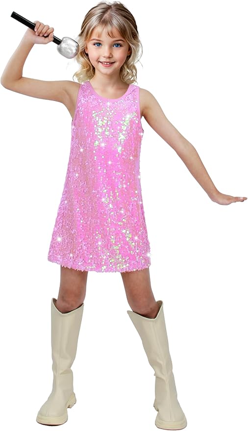 Girls Sequin Dress Sparkly Sleeveless Costume Prom Concert Party Outfit with Glitter Microphone Prop