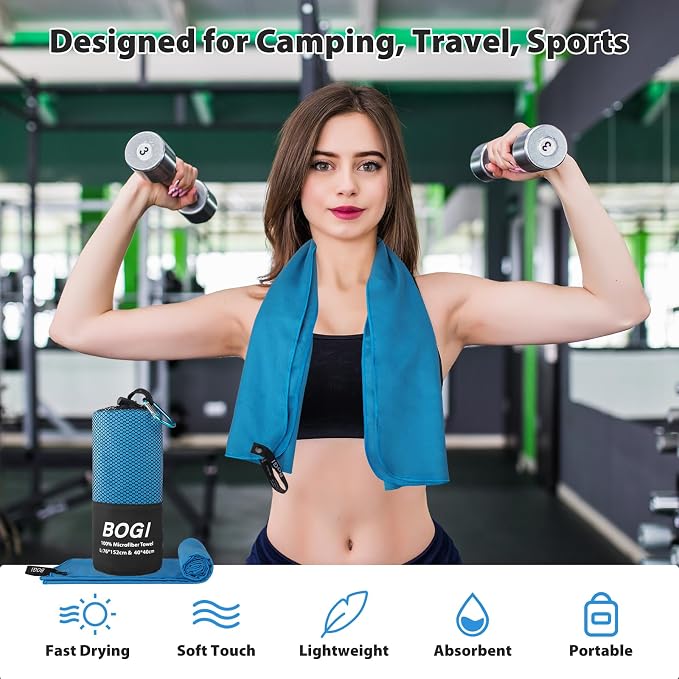 BOGI Microfiber Travel Sports Towel-Quick Dry Towel, Soft Lightweight Microfiber Camping Towel Absorbent Compact Travel Towel for Camping Gym Beach Bath Yoga Swimming Backpacking (M:40''x20''-Blue)