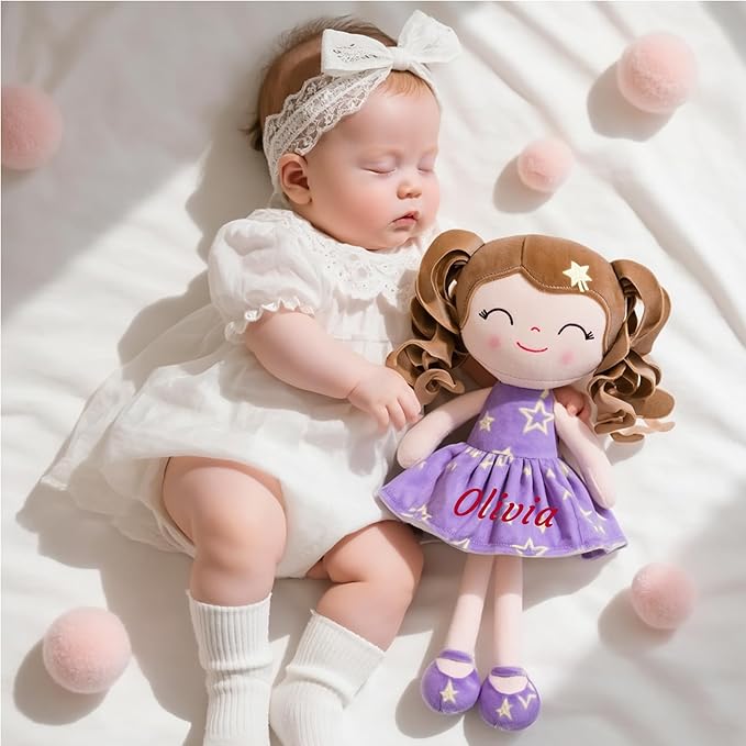 Gloveleya Personalized Baby Doll – Custom Name Rag Doll Gift for Girls | Soft Plush Keepsake Toy | Birthday, Baby Shower & Holiday Present – Purple Stars 12’’