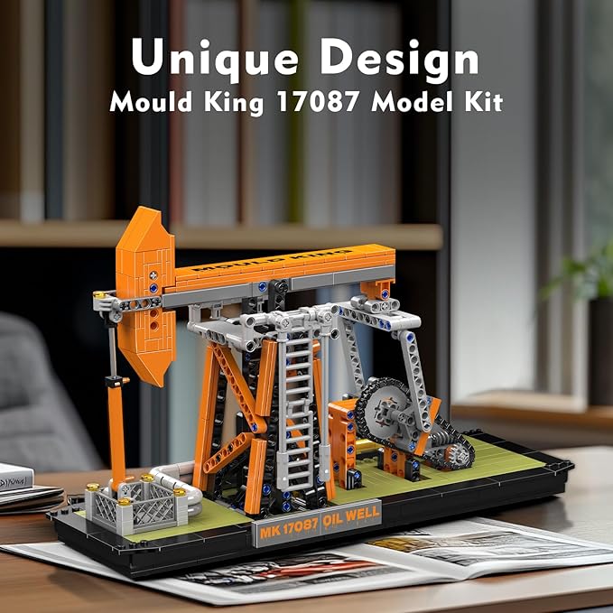 Mould King 17087 Engineering Oilfield Model Building Sets, Nodding Donkey Pumpjack Oil Derrick Model Kit That Work, with Battery and Motor, Home Decor Desktop Decoration for Adult Teen(840 Pieces)
