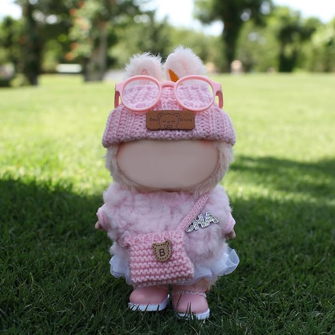 6 Piece 17cm Doll Clothes, Fun Dress-Up Outfit Set with Accessories for 17cm Dolls, Pink Style Outfit Set with Undershirt + Plush Vest + Knitted Hat + Small Bag + Shoes + Glasses, No Doll Included