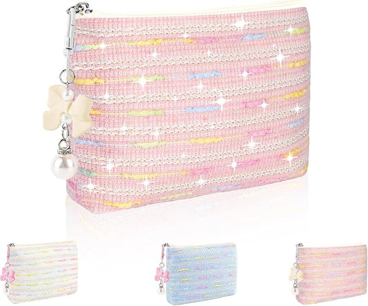 Mini Makeup Bag, Small Bow Tie Cosmetic Bag for Purse with Keychain, Portable XS Travel Makeup Pouch for Daily Use (Colorful Lines-Pink)