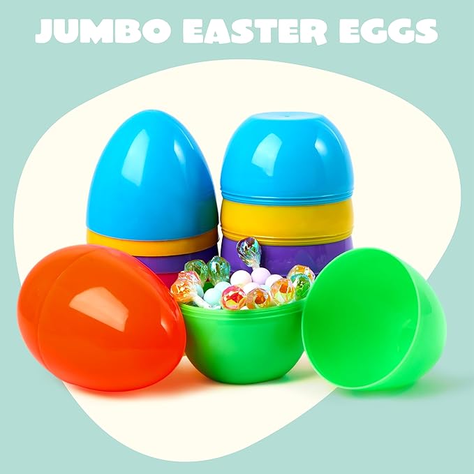 JOYIN 6 Pcs Large Plastic Easter Eggs, 6 Inches Colorful Jumbo Eggs Fillable for Easter Themed Hunt Basket Stuffers Fillers Filling Treats Party Favor Classroom Prize Supplies