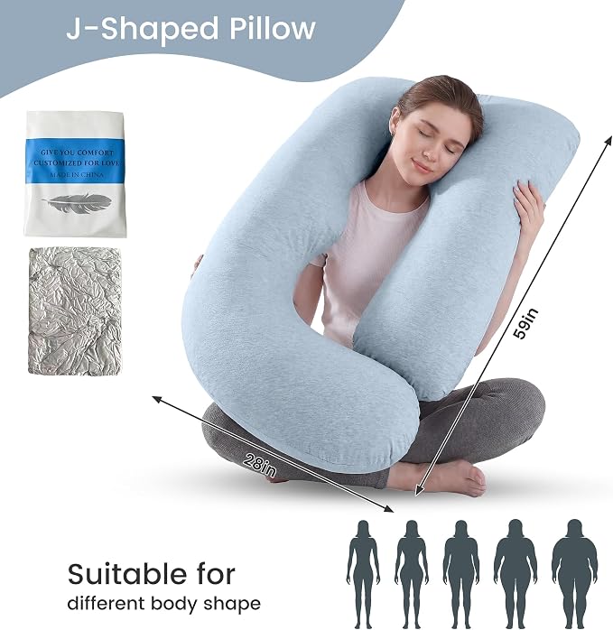Jcickt Pregnancy Pillow for Sleeping,59 inch Maternity Pillow with Removable Washable Cover,J-Shaped Cooling Full Body Pregnant Pillow -Support for Backs,Legs, Belly, HIPS, Improve Sleep-Sky Blue