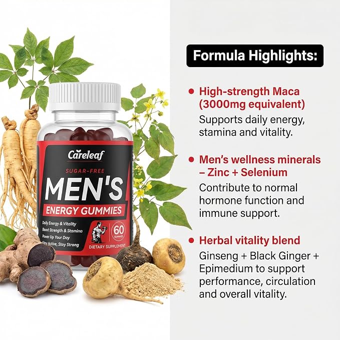 Men's Energy Gummies - Testosterone Support to Enhance Male Energy, Stamina, Endurance & Prostate Health - Testo Gummy with Maca, Ginseng, Horny Goat Weed, Pumpkin Seed & Zinc, 60 Ct