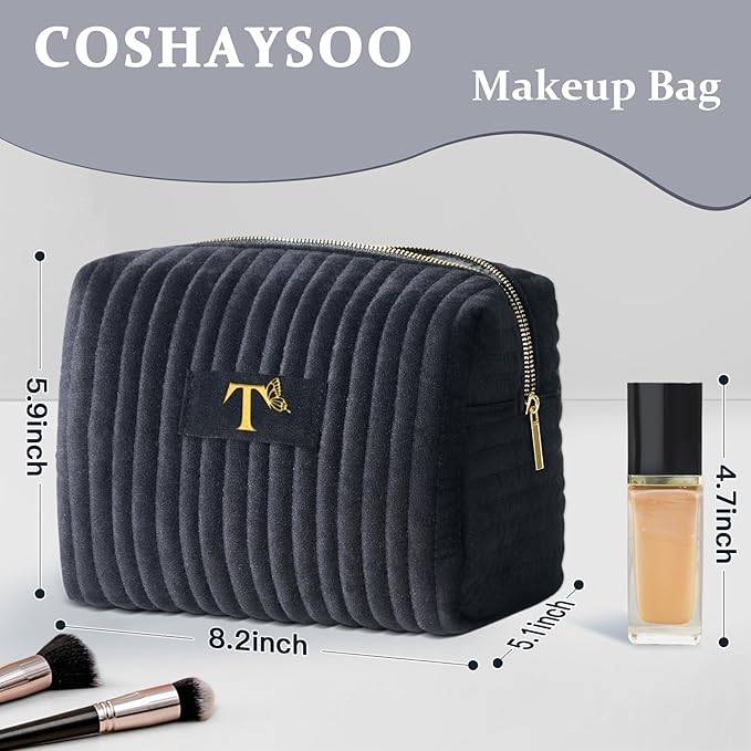 COSHAYSOO Travel Makeup Bag Quilted Make Up Pouch Initial Velvet Cosmetic Case with Butterfly Decorations for Womens Fashion Trending Birthday Easter Valentines Gifts Ideas Unique Black Letter T